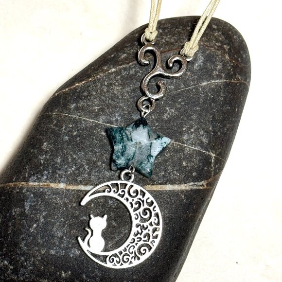 2/$20, Tree Agate Star & Cat on the Moon Necklace, Genuine Gemstone Lariat - Picture 8 of 12